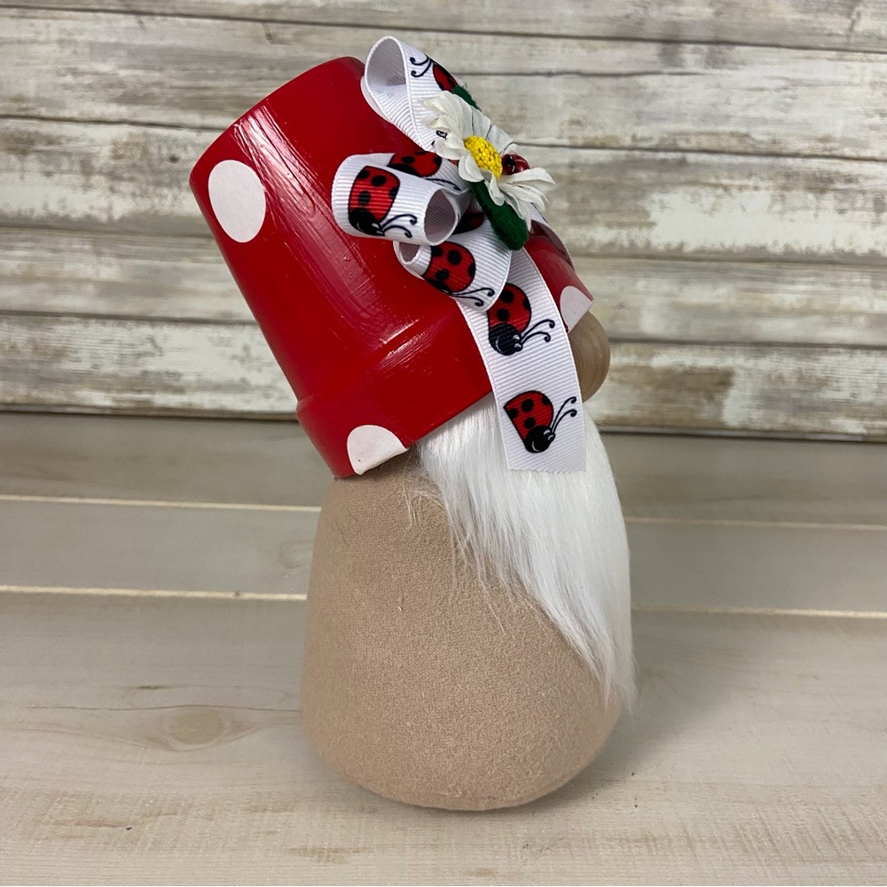 Mushroom Gnome Ladybug Bow Daisy Whimsical Red Tan Flannel White Faux Fur Decor - Picture 4 of 11